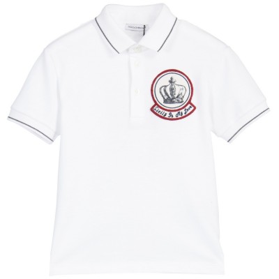 DOLCE & GABBANA Boys White Polo Shirt with Appliquéd Badge