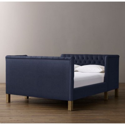 Devyn Tufted tête-à-tête Upholstered Bed -  Brushed Belgian Linen Cotton - Indigo