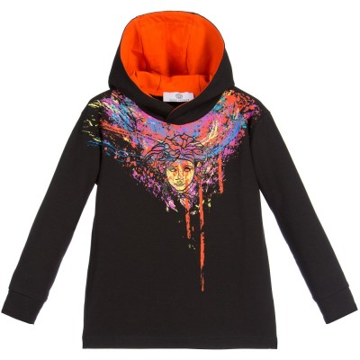 YOUNG VERSACE Boys Black Hooded 'Medusa' Painted Top