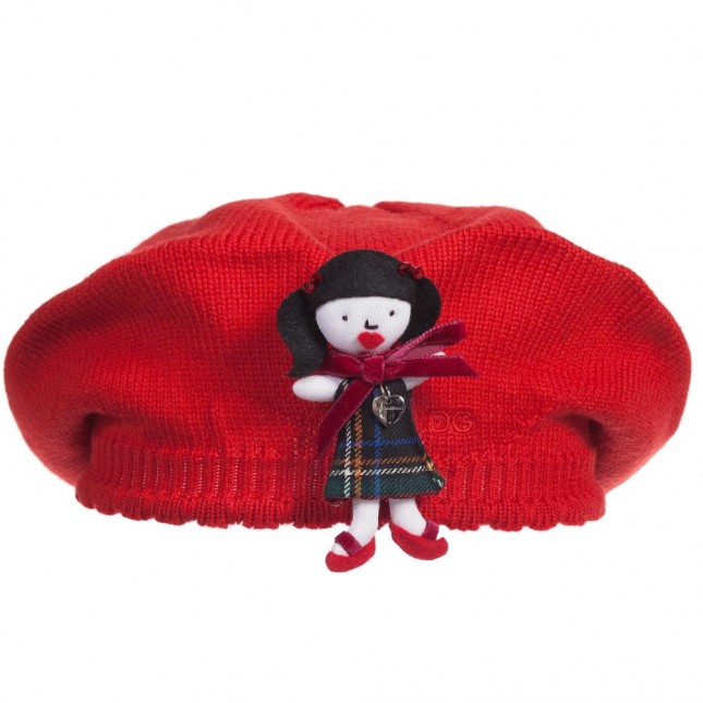 DOLCE & GABBANA Girls Red Knitted Wool Beret with Doll Brooch