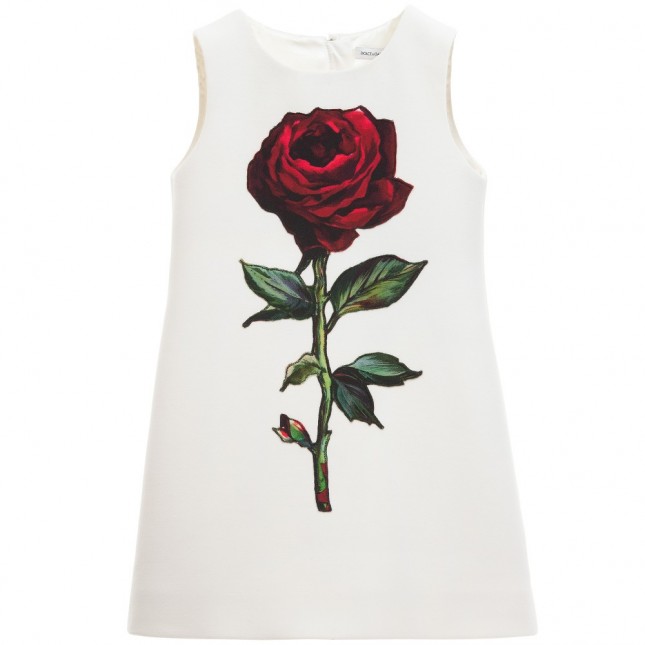 DOLCE & GABBANA White Wool Dress with Red Rose Applique