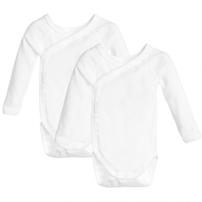 PETIT BATEAU Baby White Cotton Cross-Over Bodysuits (2 Pack)