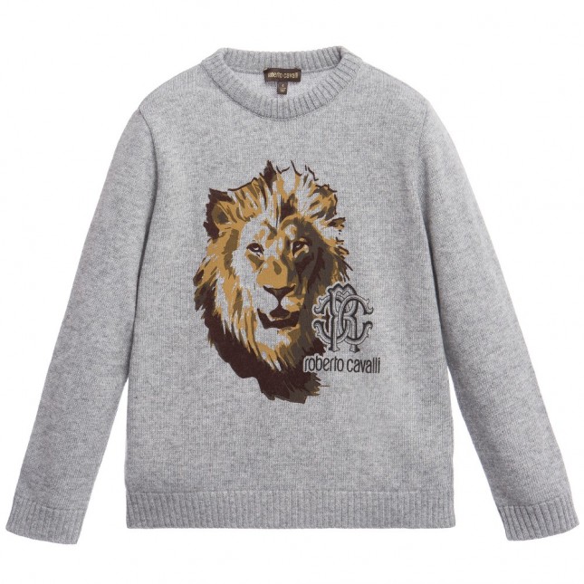 ROBERTO CAVALLI Boys Grey Knitted Lion Sweater