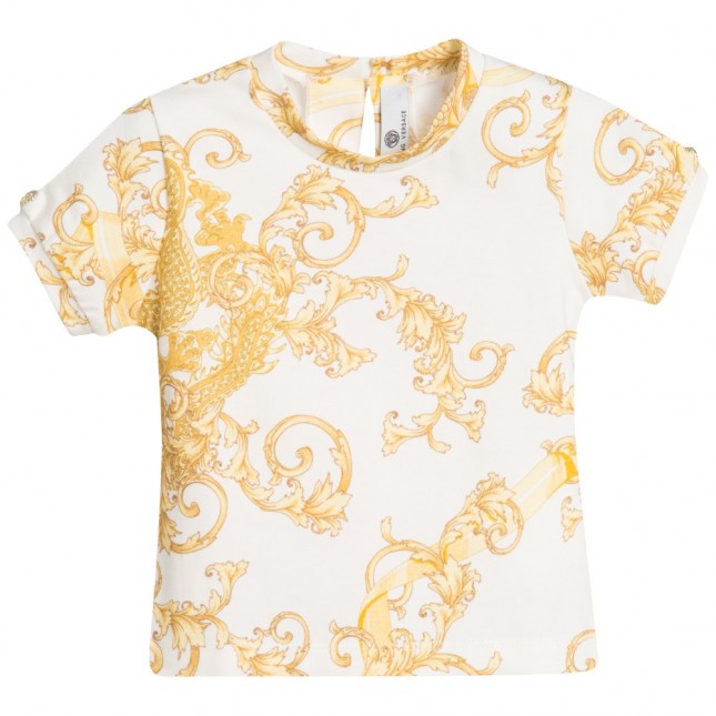 YOUNG VERSACE Baby Girls Ivory & Gold Dragon Print T-Shirt