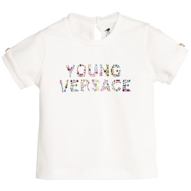 YOUNG VERSACE Baby Girls Ivory Crystal Logo T-Shirt