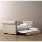 RH-Chesterfield  Upholstered  Daybed With Trundle-Washed Belgian Linen