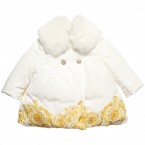 YOUNG VERSACE White Baroque Down Padded Coat with Fur Collar