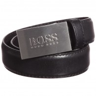 BOSS Boys Black Leather Belt with Logo Buckle
