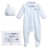 BOSS Boys Pale Blue Velour Babygrow & Hat Gift Set