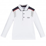 BOSS Boys White Polo Shirt with Navy Blue Trims
