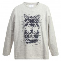 BOSS Girls Grey Marl T-Shirt with Wolf Print