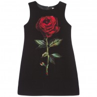 DOLCE & GABBANA Black Wool Crepe Dress with Rose Applique