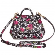 DOLCE & GABBANA Black & Pink Roses Leather Shoulder Bag (15cm)