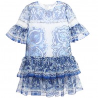 DOLCE & GABBANA Blue & White Silk Chiffon 'Majollica' Dress