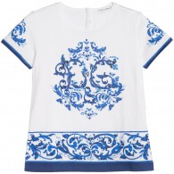 DOLCE & GABBANA Girls White & Blue Jewelled 'Majolica' T-Shirt