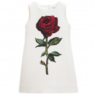 DOLCE & GABBANA White Wool Dress with Red Rose Applique
