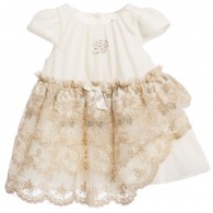  MISS BLUMARINE Baby Girls Ivory Dress with Gold Lace Skirt