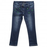 MISS BLUMARINE Girls Blue Denim Jeans with Green Flower Jewels