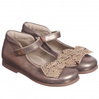 MISS BLUMARINE Girls Bronze Diamanté Bow Velcro Shoes