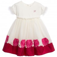 MISS BLUMARINE White Tulle Dress with Roses & Feathers
