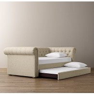 RH-Chesterfield Upholstered Daybed With Trundle-Brushed Belgian Linen Cotton