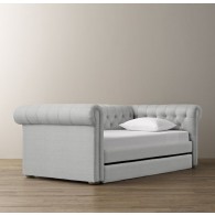 Chesterfield  Upholstered  Daybed With Trundle-Washed Belgian Linen