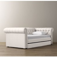 Chesterfield Upholstered Daybed With Trundle-Brushed Belgian Linen Cotton