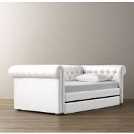 Chesterfield  Upholstered  Daybed With Trundle-Washed Belgian Linen