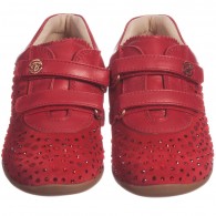 MISS BLUMARINE Girls Red Leather & Velcro Embellished Trainers