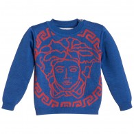 YOUNG VERSACE Baby Boys Blue Wool Knitted Sweater with Logo