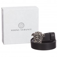 YOUNG VERSACE Black Leather Belt with Medusa Buckle