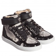 YOUNG VERSACE Black & White Leather 'Python' Print Trainers