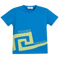 YOUNG VERSACE Boys Blue & Green Cotton Jersey Logo T-Shirt