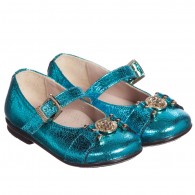 YOUNG VERSACE Girls Turquoise Blue Metallic Leather Shoes