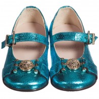 YOUNG VERSACE Girls Turquoise Blue Metallic Leather Shoes