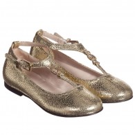 YOUNG VERSACE Girls Gold 'Cracked' Leather T-Bar Shoes