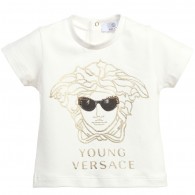 YOUNG VERSACE Baby Girls Ivory T-Shirt with Gold Medusa Print