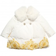 YOUNG VERSACE White Baroque Down Padded Coat with Fur Collar