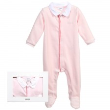 BOSS Girls Pale Pink Velour Babygrow in a Gift Box