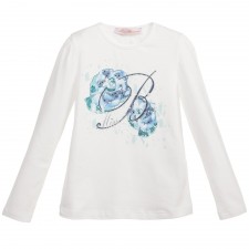 MISS BLUMARINE Girls Ivory Rose & Diamante T-Shirt