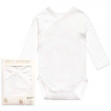 PETIT BATEAU Baby White Cotton Long-Sleeve Cross-Over Bodysuit
