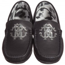 ROBERTO CAVALLI Boys Black Leather Slip-On 'Moccasin' Shoes