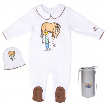RB Royal Baby Organic Cotton Gloved Sleeve Footed Overall Footie with Hat in Gift Box (Horse and Me)