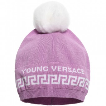 YOUNG VERSACE Baby Girls Knitted Hat with Fur Pom Pom