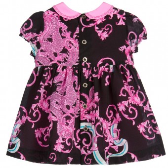 YOUNG VERSACE Baby Girls Pink Silk 'Baroque Dragon' Dress