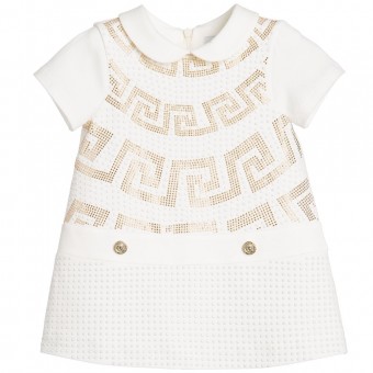 YOUNG VERSACE Baby Girls White & Gold Studded Fret Dress