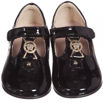 YOUNG VERSACE Baby Girls Black Patent First Walker Bar Shoes