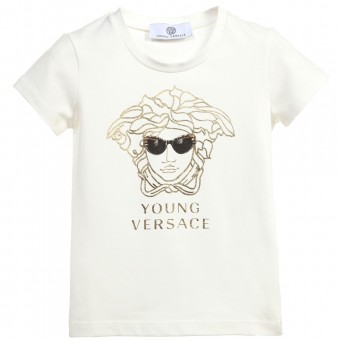   YOUNG VERSACE Girls Ivory T-Shirt with Gold 'Medusa' Print