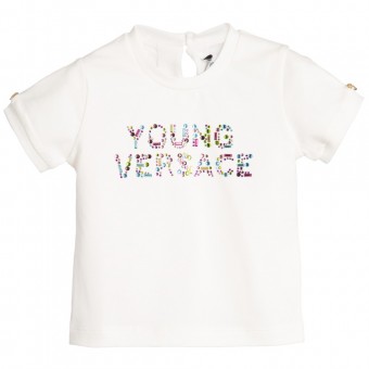 YOUNG VERSACE Baby Girls Ivory Crystal Logo T-Shirt