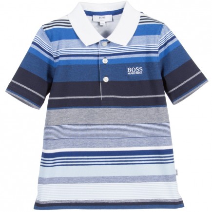 BOSS Boys Blue Stripe Cotton Pique Polo Shirt